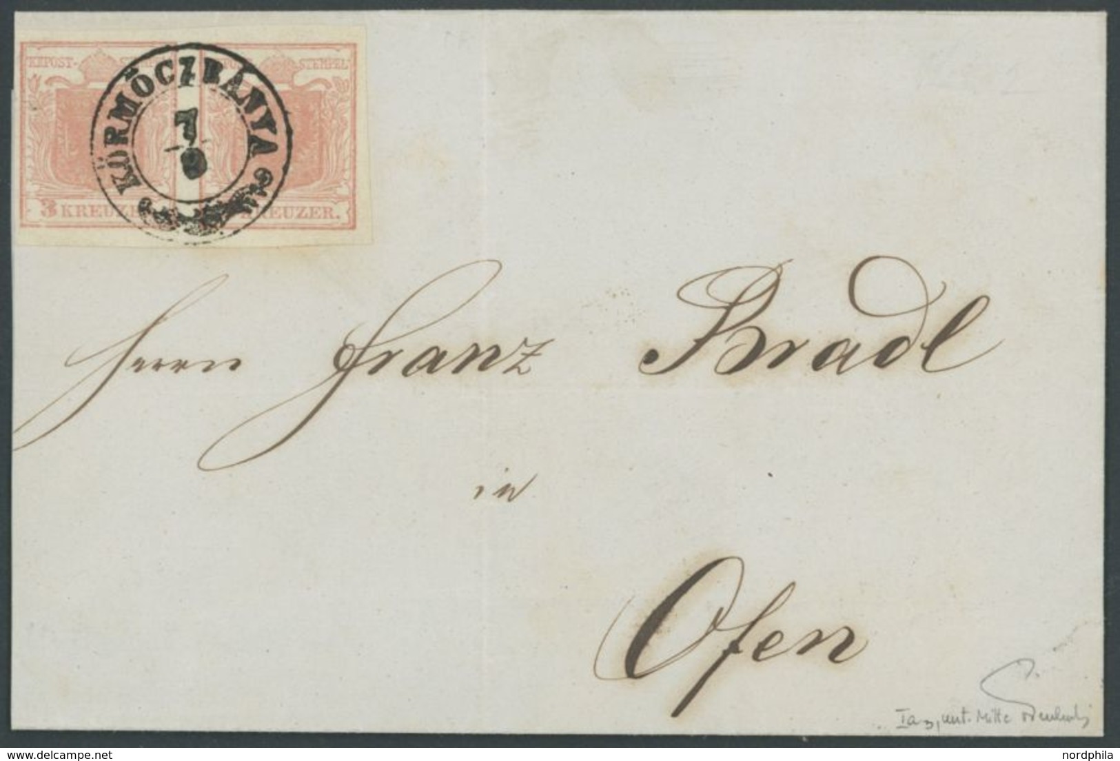 1850, 3 Kr. Rot, Handpapier, Type Ia (unterlegte Mitte), Im Waagerechten Paar Mit Seltenem K2 KÖRMÖCZBANYA Auf Briefhüll - Gebraucht