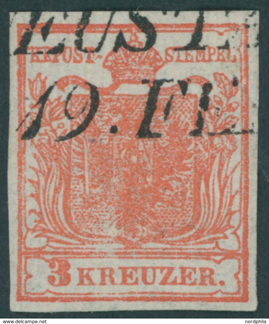 ÖSTERREICH BIS 1867 3XR O, 1850, 3 Kr. Karmin, Handpapier, Geripptes Papier, Mit Interessanter Farbauslassung Unten, Pra - Used Stamps