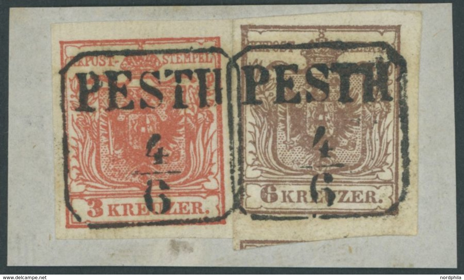 1850, 3 Kr. Rot, Geripptes Papier, Mit 6 Kr. Braun Auf Briefstück Mit Zentrischem Achtkantigen Rahmenstempel PESTH, Kabi - Oblitérés