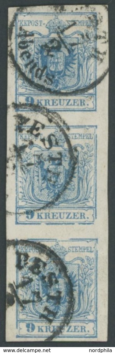 1854, 9 Kr. Blau, Maschinenpapier, Type IIIb, Im Senkrechten Breitrandigen Dreierstreifen, Mit Plattenfehlern: Gebrochen - Used Stamps