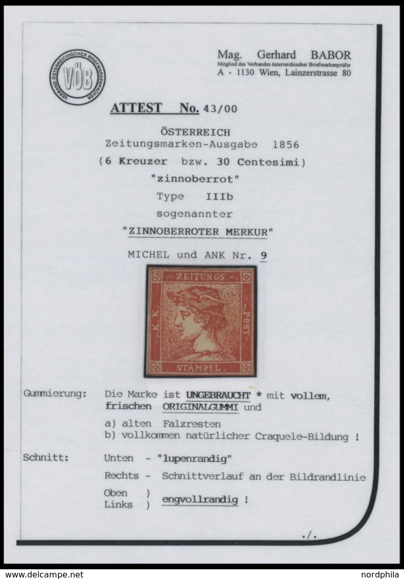 ÖSTERREICH BIS 1867 9 *, 1856, 6 Kr. Zinnober, Sog. Zinnoberroter Merkur Mit Vollem Frischen Originalgummi, Lupen-engvol - Gebraucht