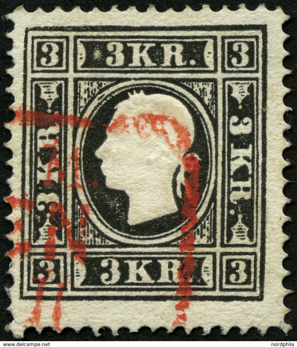 ÖSTERREICH 11II O, 1859, 3 Kr. Schwarz, Type II, Roter Stempel, Pracht, Mi. 230.- - Gebraucht