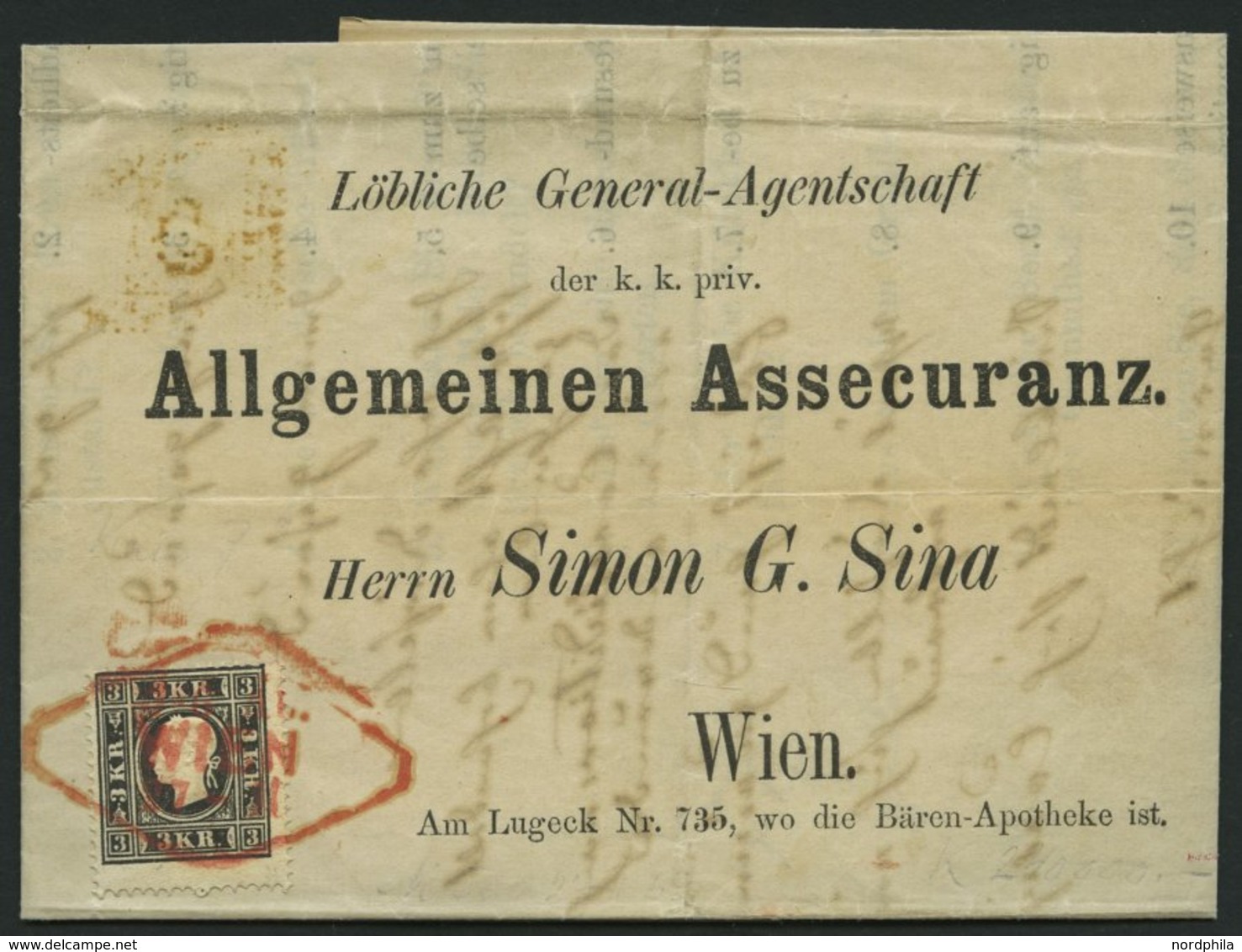 ÖSTERREICH 11II BRIEF, 1859, 3 Kr. Schwarz, Type II, Mit Zentrischem Roten Rhombenstempel WIEN, Auf Dekorativem Versiche - Used Stamps