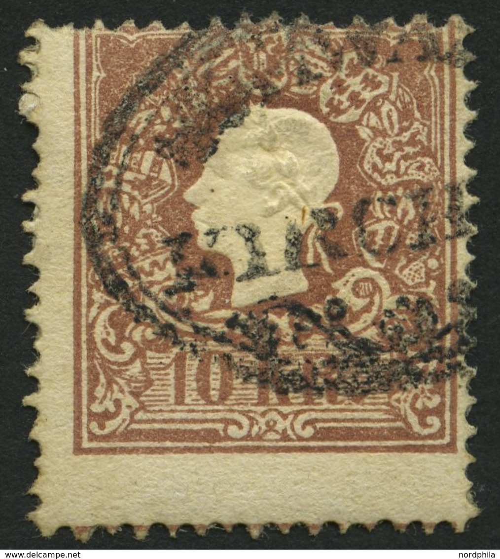 ÖSTERREICH 14II O, 1859, 10 Kr. Braun, Type II, Seltener Teilabschlag SCHWARZ/KIRCHEN, Pracht - Gebraucht