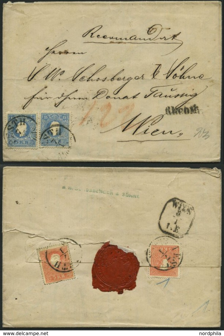 ÖSTERREICH 15II BRIEF, 1859, 15 Kr. Blau (2x), Type II, Mit K1 PESTH Abends Und L1 RECOM Auf Siegelbrief, Rückseitiges R - Used Stamps