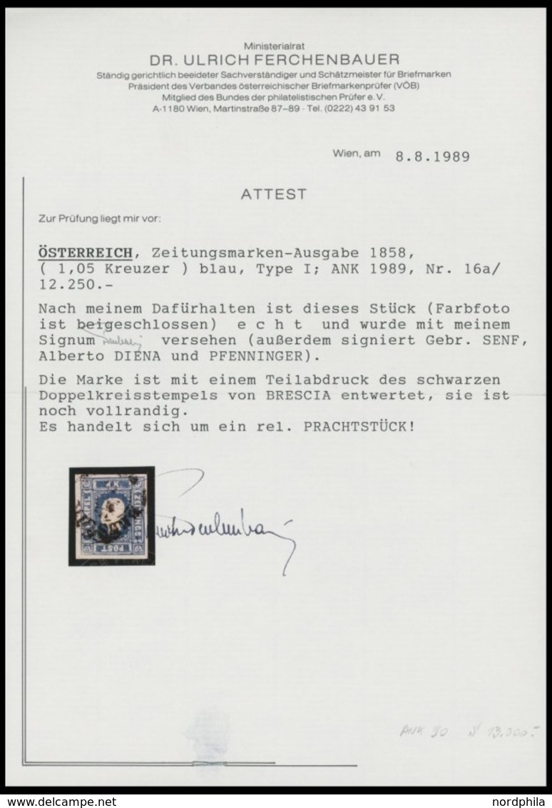 ÖSTERREICH BIS 1867 16a O, 1858, 1.05 Kr. Hellblau Mit Lombardei K2 BRESCIA, Pracht, Gepr. U.a. Pfenninger Und Fotoattes - Used Stamps