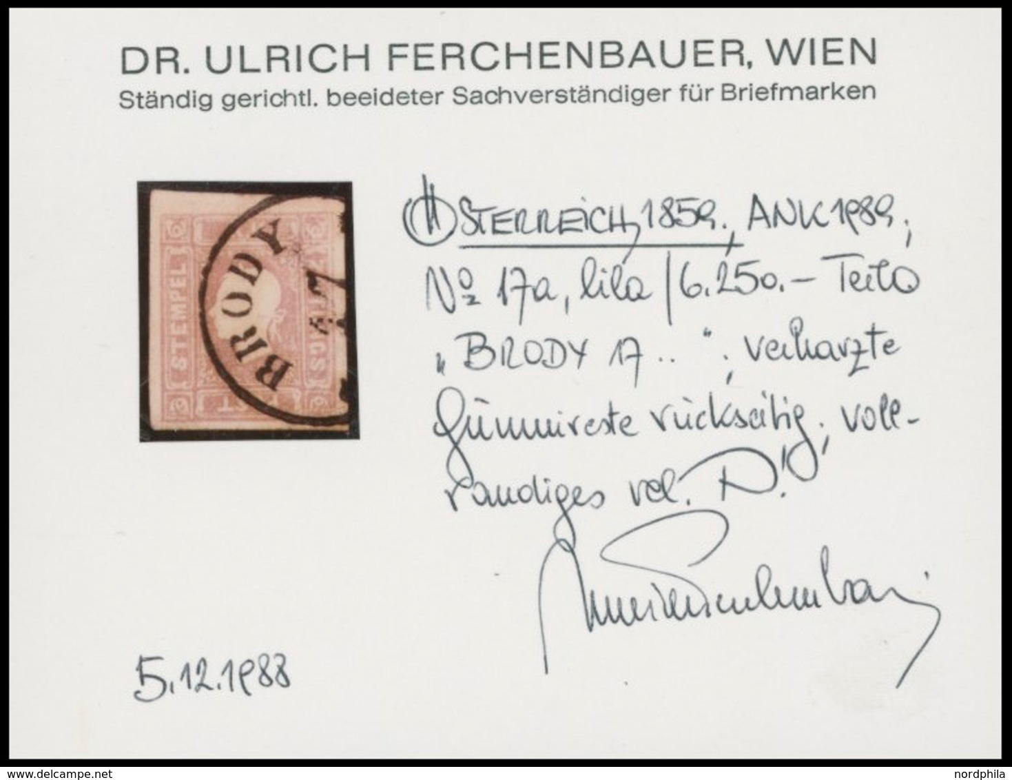 ÖSTERREICH BIS 1867 17 O, 1858, 1.05 Kr. Lila, K1 BRODY, Pracht, Fotobefund Dr. Ferchenbauer, Mi. 400.- - Used Stamps
