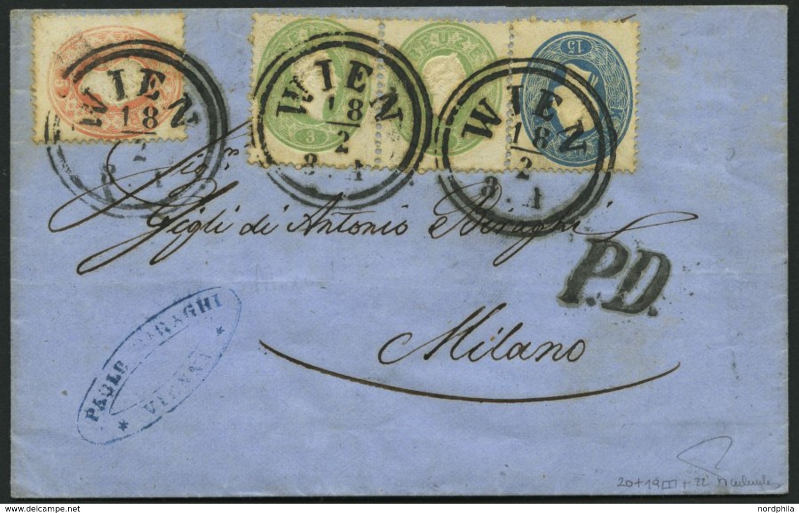 ÖSTERREICH 19 Paar,20,22 BRIEF, 1861, 3 Kr. Grün Im Waagerechten Paar, 5 Kr. Rot Und 15 Kr. Blau, Dreifarbenfrankatur Vo - Used Stamps