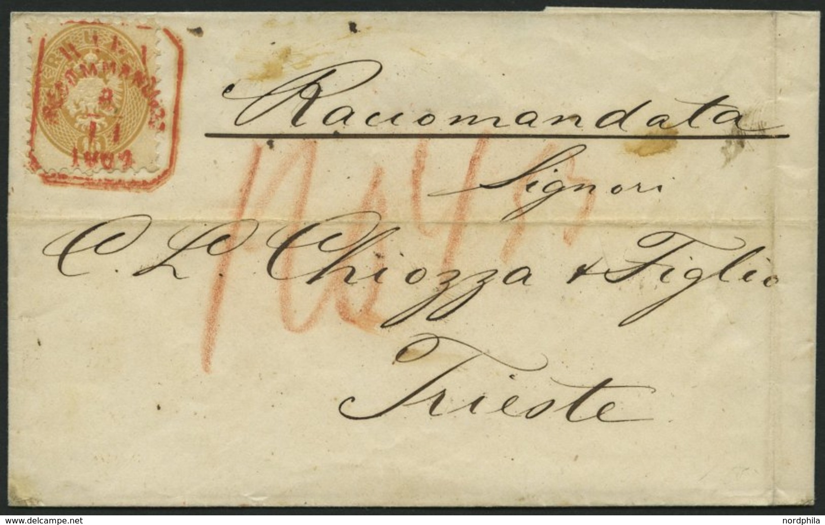 ÖSTERREICH 34 BRIEF, 1864, 15 Kr. Braun Mit Rotem R5 WIEN RECOMMANDIRT Auf Brief, Rückseitiges Defektes Reco-Porto, Prac - Gebraucht