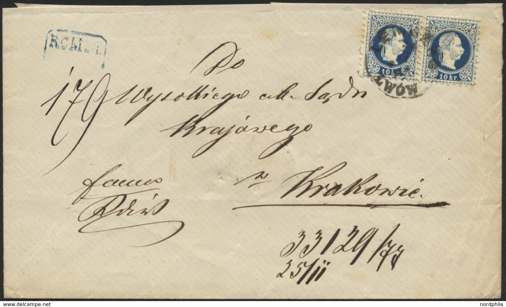 ÖSTERREICH 38II Paar BRIEF, 1882, 10 Kr. Blau, Feiner Druck, Im Waagerechten Paar Auf Reco-Brief Nach Krakau, Feinst - Oblitérés