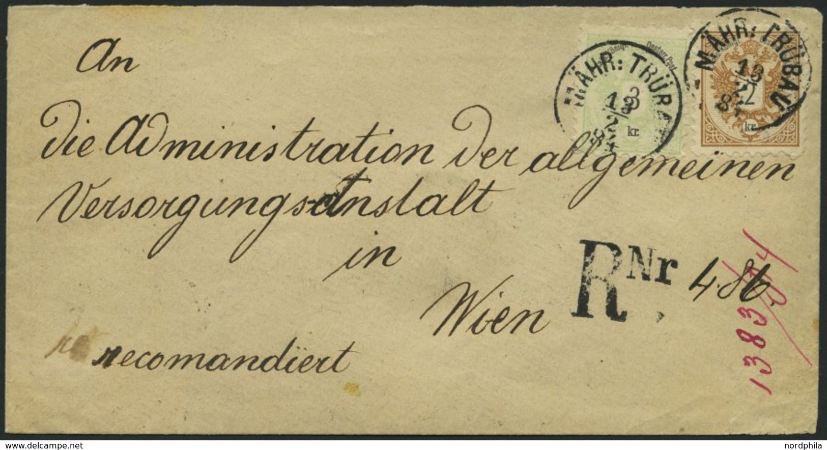 ÖSTERREICH 44/5,47 BRIEF, 1884, 2, 3 Kr. Doppeladler Und Rückseitiges Reco-Porto 10 Kr. Doppeladler Auf Brief Von MÄHR.  - Used Stamps