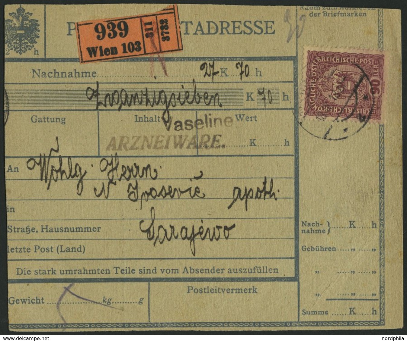 ÖSTERREICH 198 BRIEF, 1918, 90 H. Schwärzlichrotkarmin Auf Paketkarte Von Wien Nach Sarajewo, Feinst - Oblitérés
