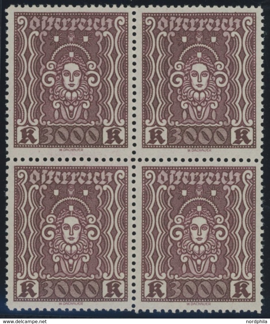 ÖSTERREICH 1918-1938 406AI VB **, 1923, 3000 Kr. Dunkelbraunkarmin, Gezähnt L 121/2, Im Viererblock, Postfrisch Pracht,  - Other & Unclassified