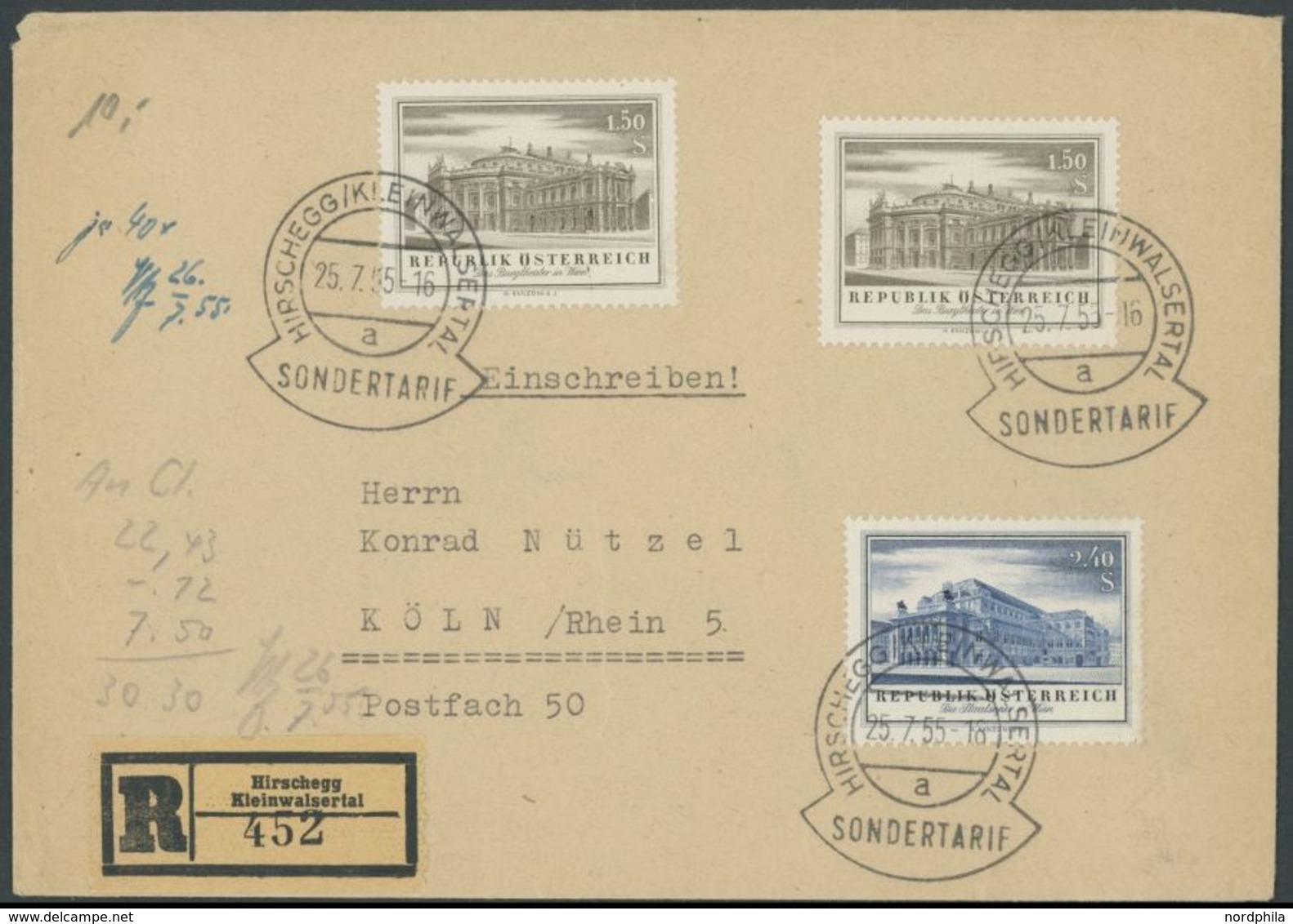 1955, Burgtheater Und Staatsoper Auf Bedarfs-FDC Mit Stempel HIRSCHEGG KLEINWALSERTAL, Feinst -> Automatically Generated - Used Stamps