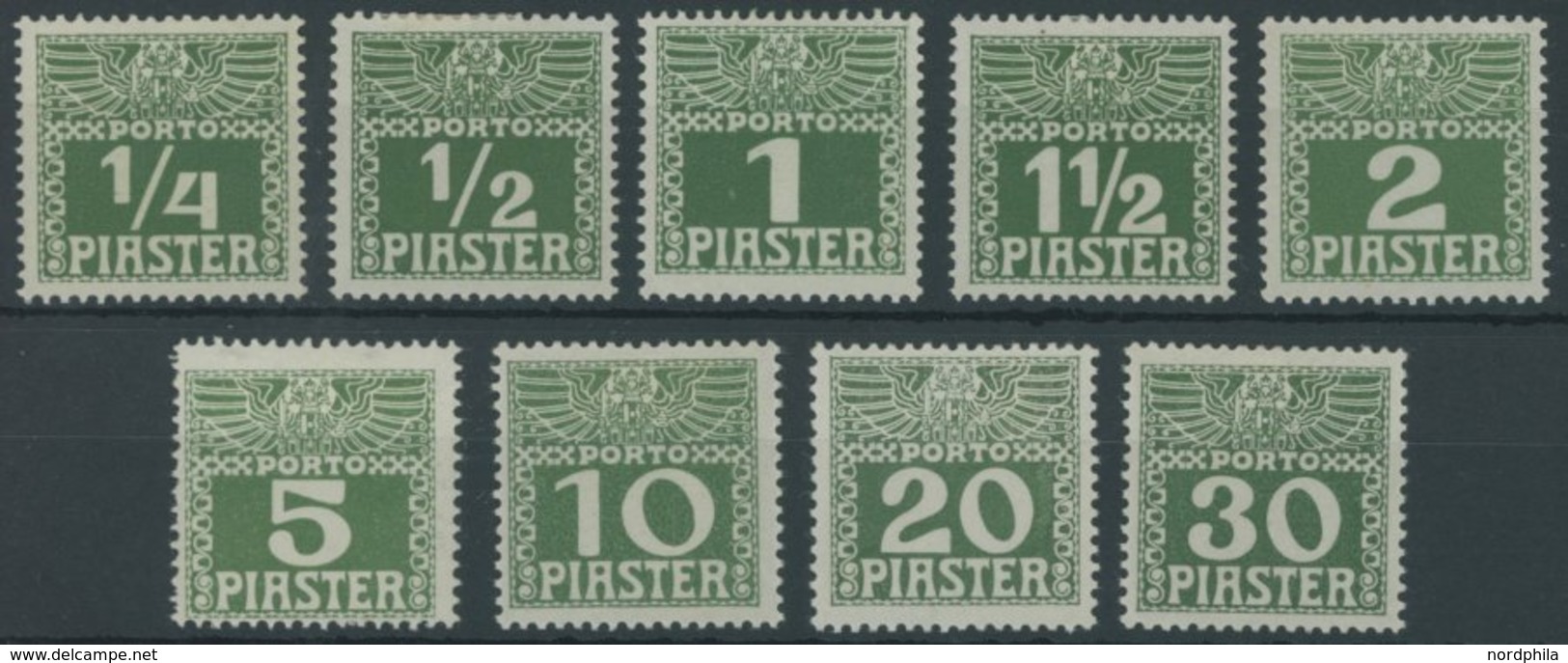 POST IN DER LEVANTE P 6-14yb *, 1908, Ziffer, Dickes Papier, Falzrest, Prachtsatz (9 Werte), Mi. 140.- - Levant Autrichien