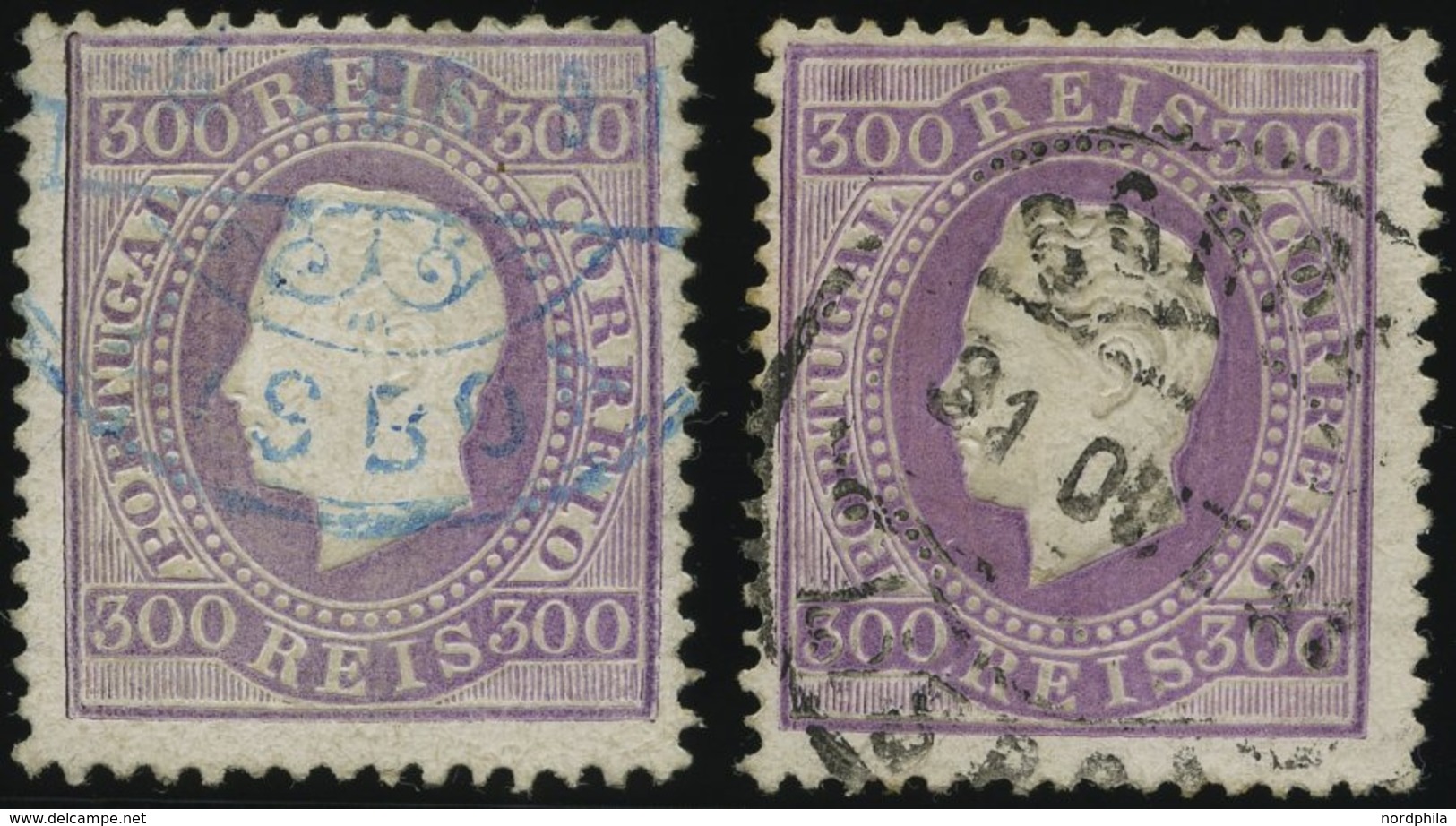 PORTUGAL 45yB,C O, 1875, 300 R. Violett, Gestrichenes Papier, Beide Zähnungen, 2 Prachtwerte, Mi. 100.- - Gebraucht