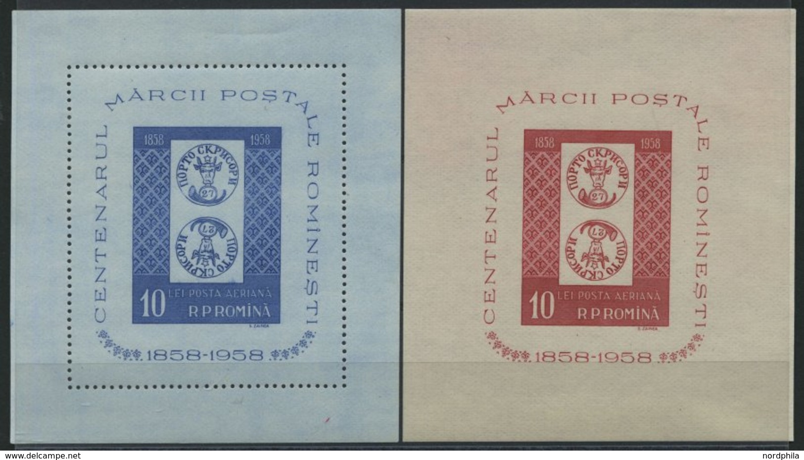 RUMÄNIEN Bl. 40/1 **, 1958, Blockpaar 100 Jahre Briefmarken, Pracht, Mi. 120.- - Sonstige & Ohne Zuordnung