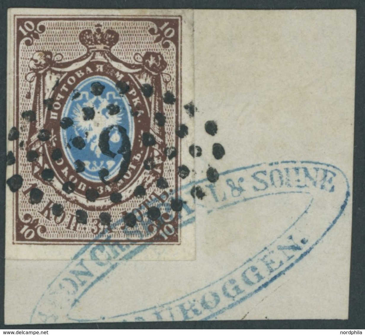 1857, 10 K. Dunkelbraun/hellblau Mit Nummernstempel 9 Und Ovalem Blauen Absenderstempel, Farbfrisches Kabinettbriefstück - Autres & Non Classés