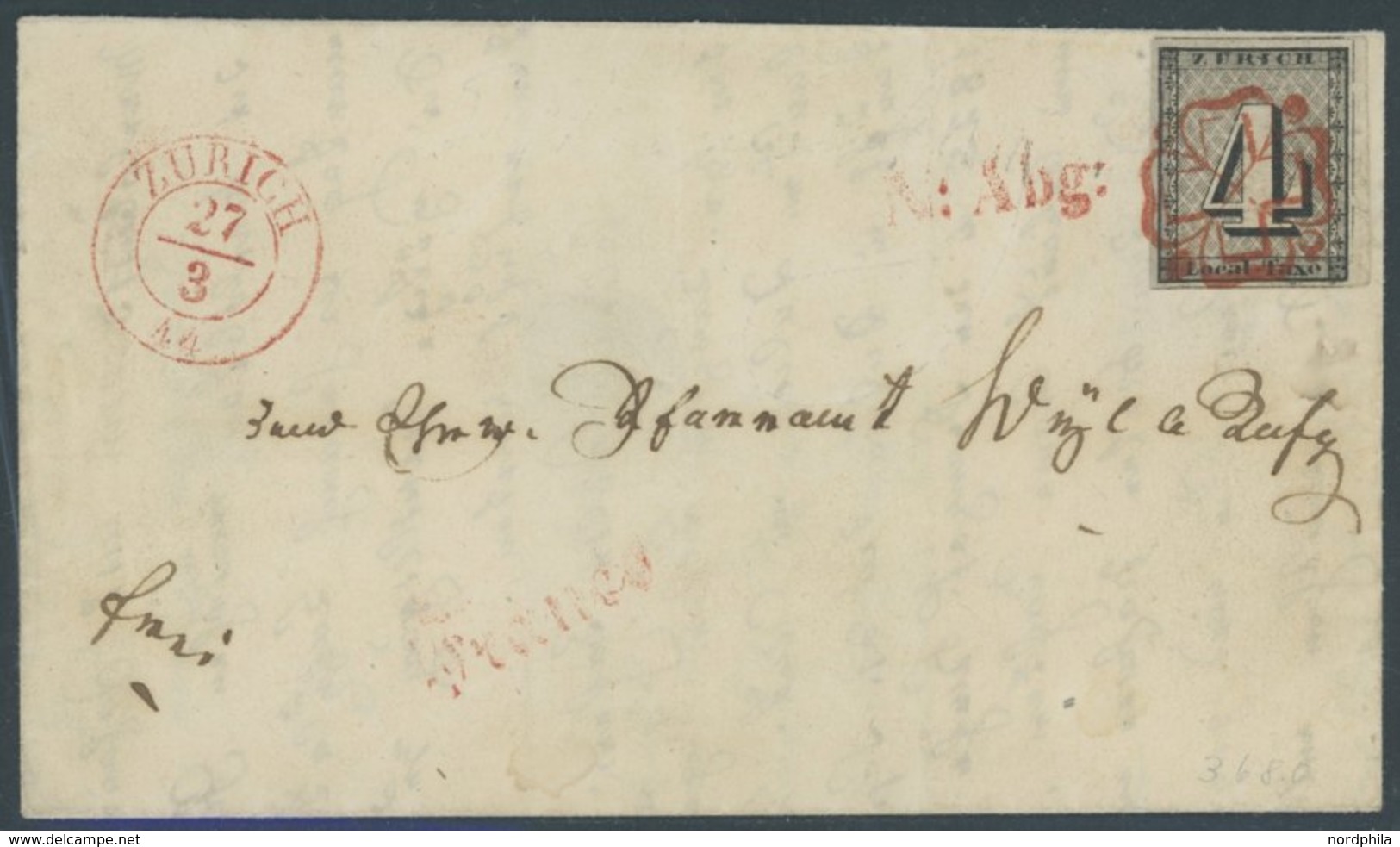 ZÜRICH 1I O, 1843, 4 Rp. Schwarz/dunkelbräunlichrot, Linienunterdruck Senkrecht, Type V, Rote Rosette, Repariert Auf Nic - 1843-1852 Timbres Cantonaux Et  Fédéraux