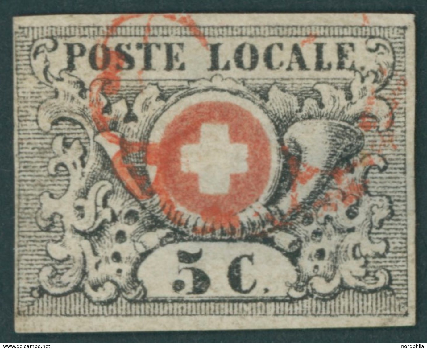 SCHWEIZ BUNDESPOST 2 O, 1850, 5 C. Schwarz/rot, Sog. Waadt, Rote Rosette, Diverse Mängel, Nicht Repariert, Befund Nussba - Sonstige & Ohne Zuordnung