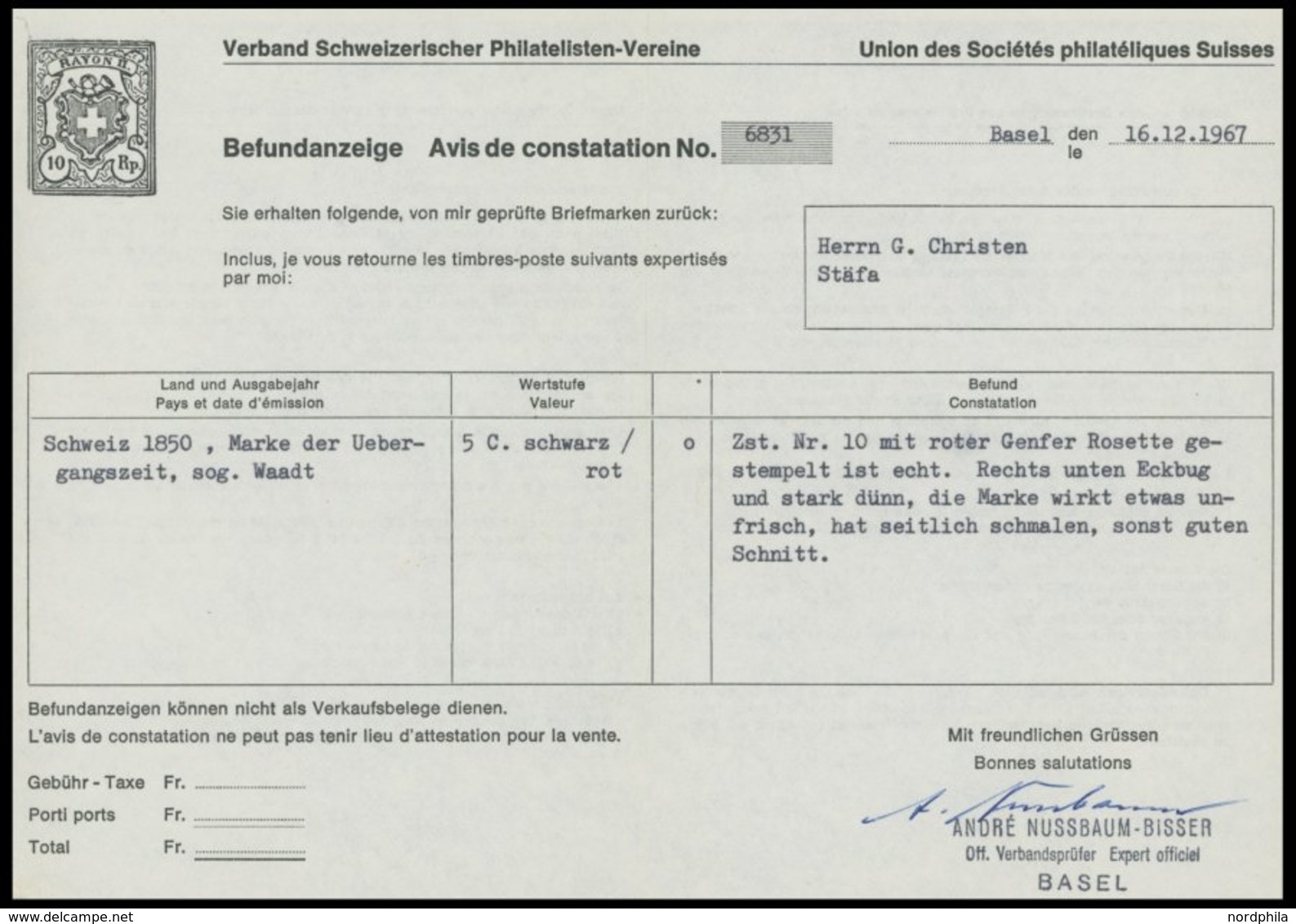 SCHWEIZ BUNDESPOST 2 O, 1850, 5 C. Schwarz/rot, Sog. Waadt, Rote Rosette, Diverse Mängel, Nicht Repariert, Befund Nussba - Autres & Non Classés