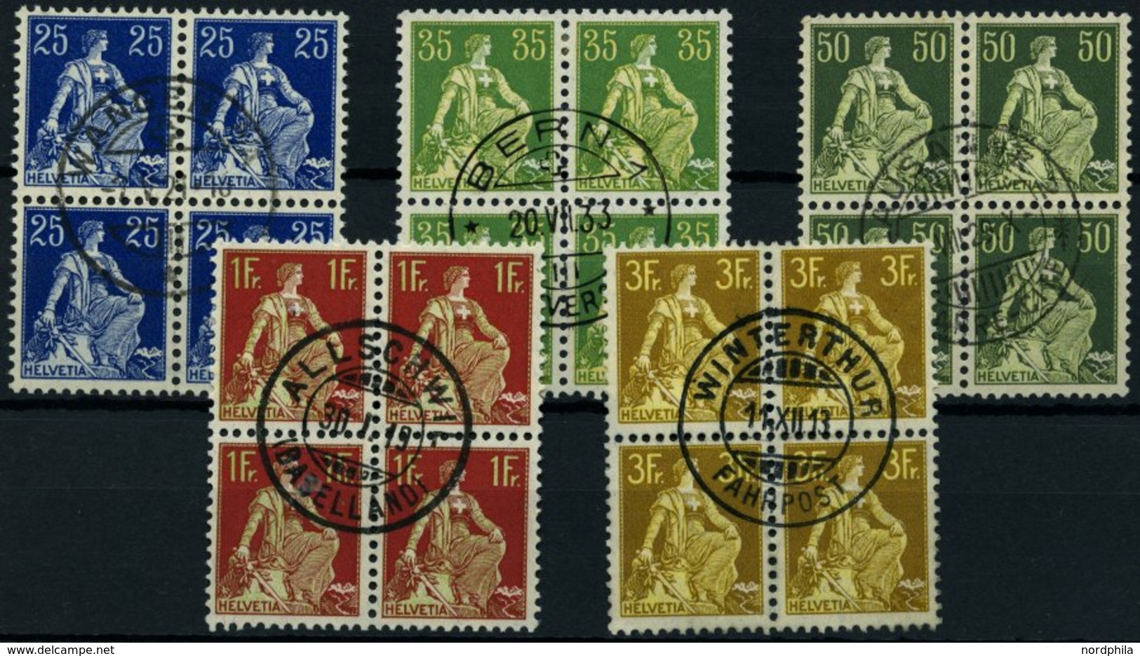 SCHWEIZ BUNDESPOST VB O , 1908, Sitzende Helvetia (Mi.Nr. 103,105,107,109/10x), Glatter Gummi, In Zentrisch Gestempelten - Sonstige & Ohne Zuordnung