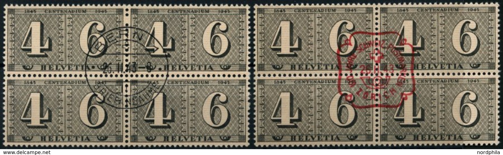 SCHWEIZ BUNDESPOST 416 VB O, 1943, 4+6 C. 100 Jahre Briefmarken, 2 Viererblocks Mit Zentrischen Ersttagsstempeln (in Rot - Other & Unclassified