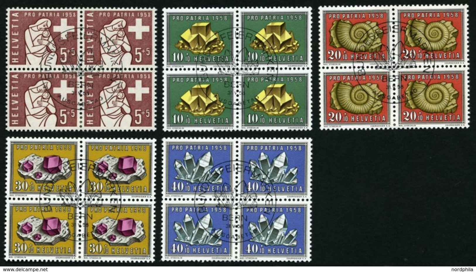 SCHWEIZ BUNDESPOST 657-61 VB O, 1958, Pro Patria In Viererblocks Mit Zentrischen Ersttagsstempeln, Prachtsatz - Other & Unclassified