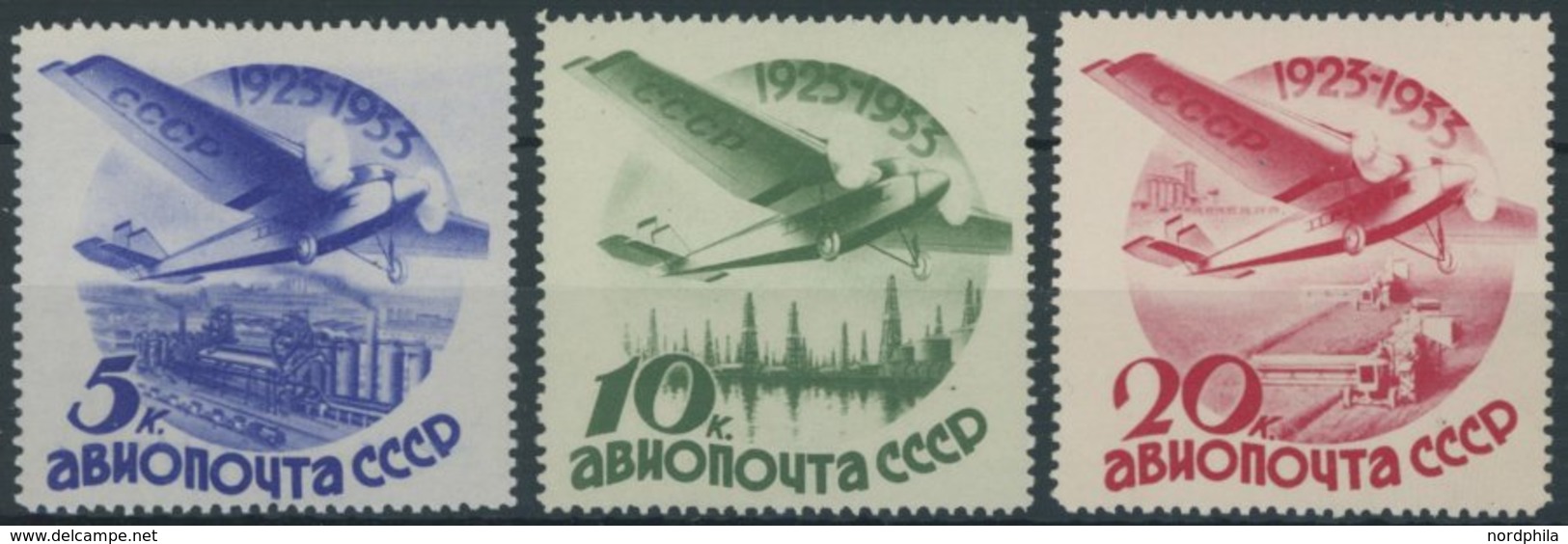SOWJETUNION 462-64Z **, 1934, 5 - 20 K. Luftfahrt Und Luftpost, Ohne Wz., Postfrisch, 3 Prachtwerte, Mi. 200.- - Other & Unclassified