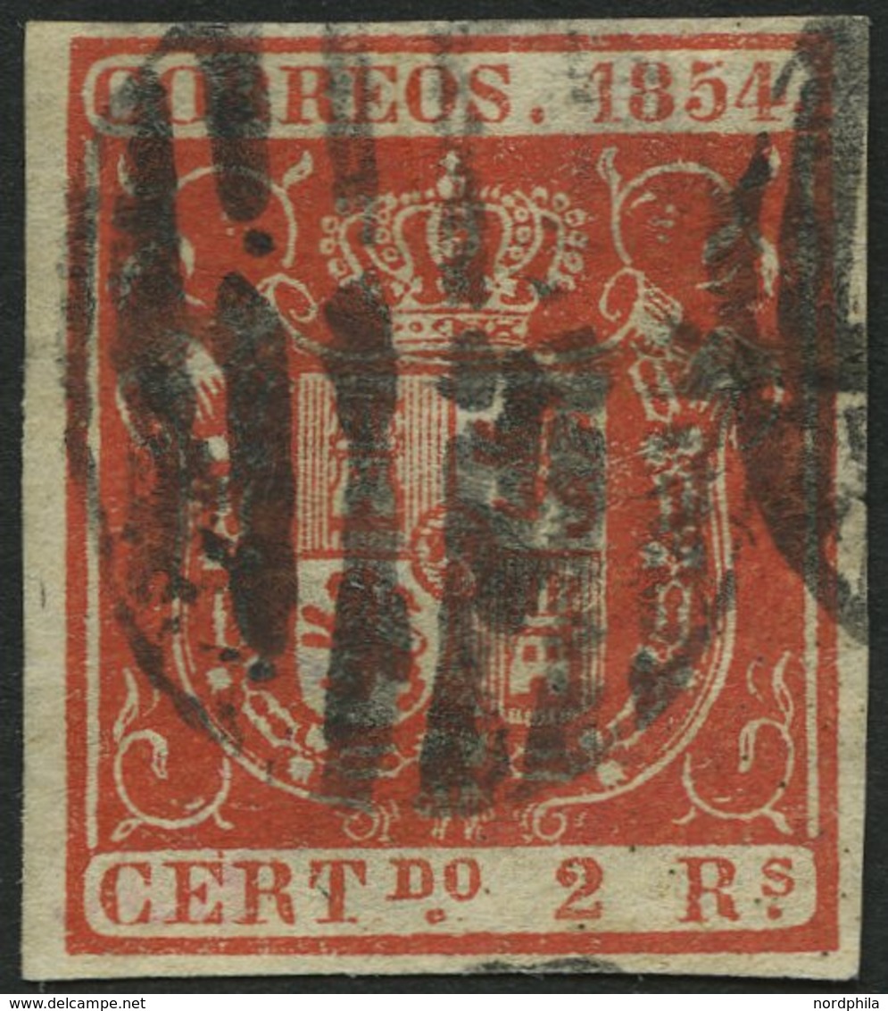 SPANIEN 28w O, 1854, 2 R. Zinnober, Dünnes Weißes Papier, Pracht, Gepr. Drahn, Mi. 110.- - Usati