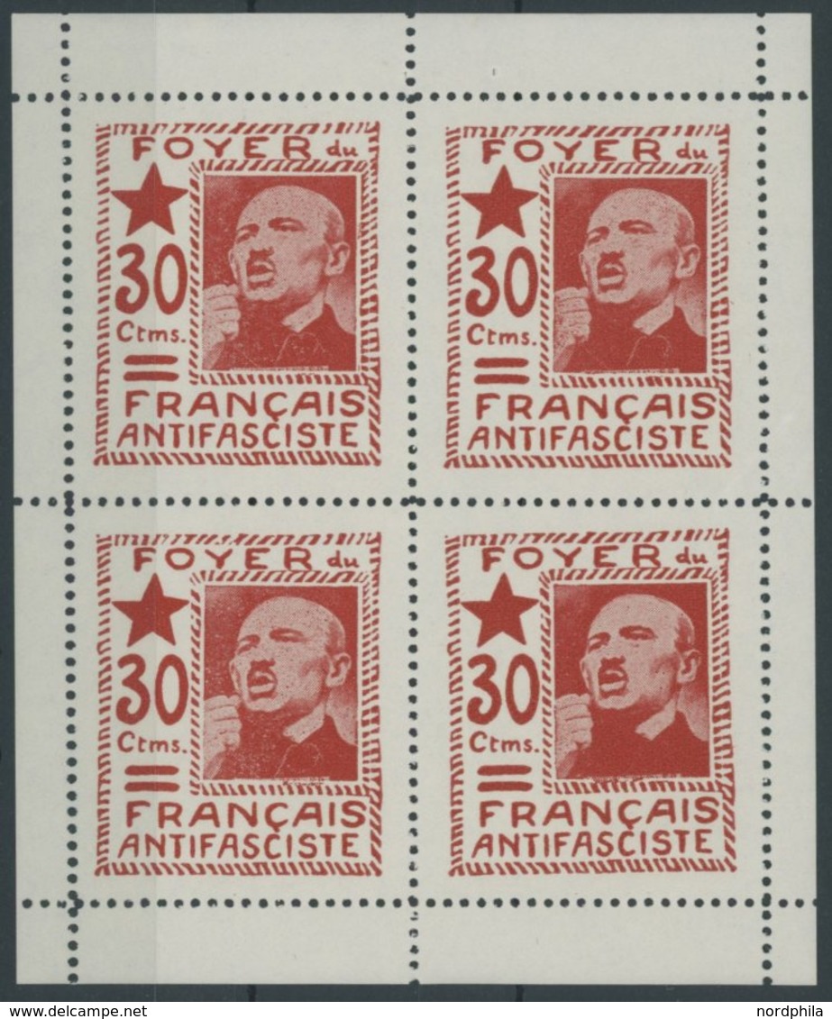 LOKALAUSGABEN VB **, 1937, 30 C. Rot Foyer Du Français Antifascite Im Postfrischen Kleinbogen (4), Pracht - Sonstige & Ohne Zuordnung