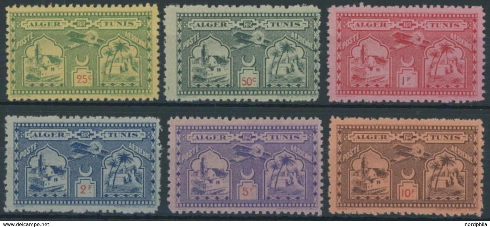 ALGERIEN **, 1928, 25 - 10 Fr. Flugpost-Vignetten Alger-Tunis, 6 Postfrische Prachtwerte - Algeria (1962-...)