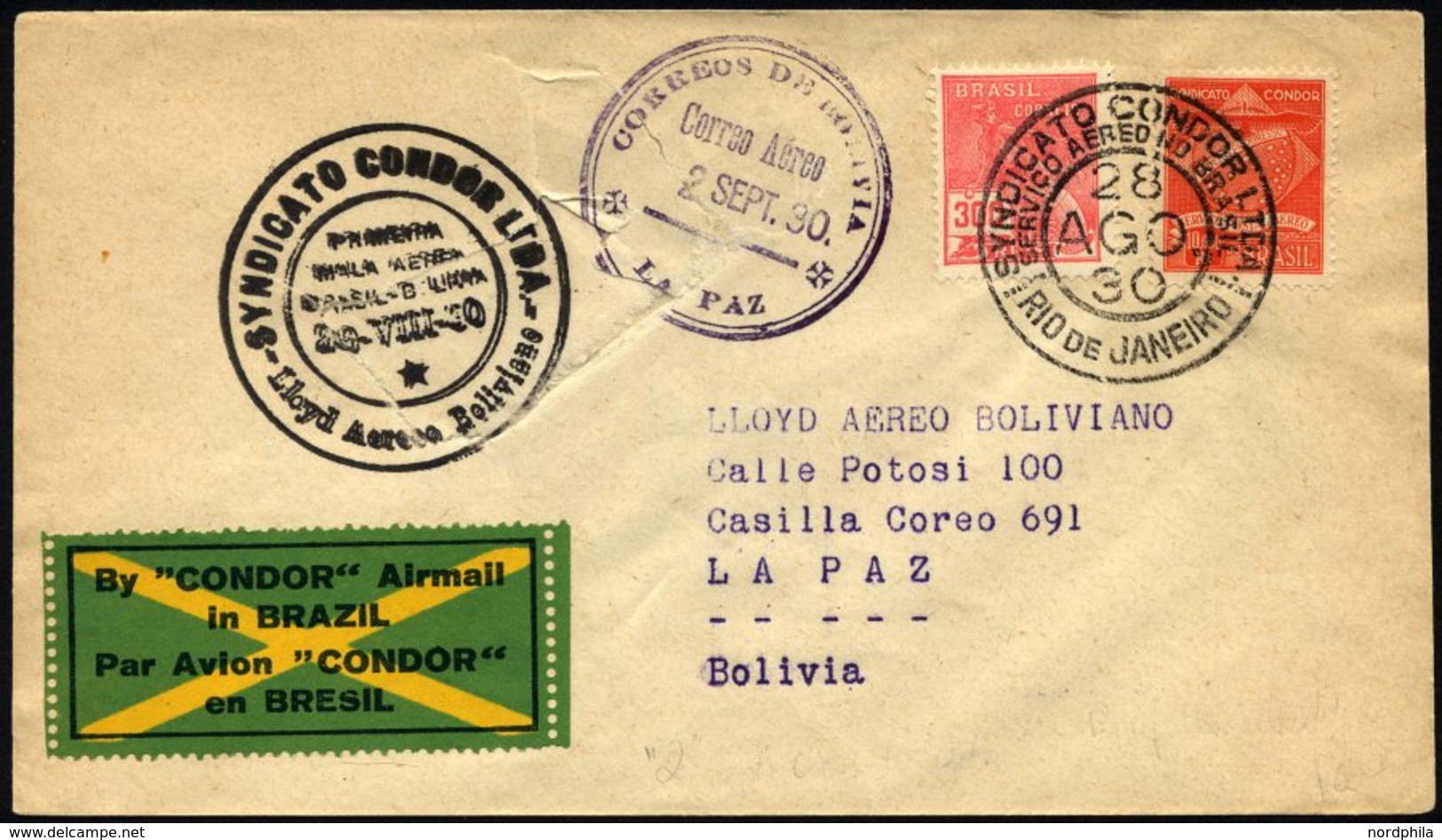 BRASILIEN 28.8.1930, Condor-Erstflug RIO DE JANEIRO-LA PAZ, Starke Vorderseitige Beförderungsschäden, Müller 81 - Airmail
