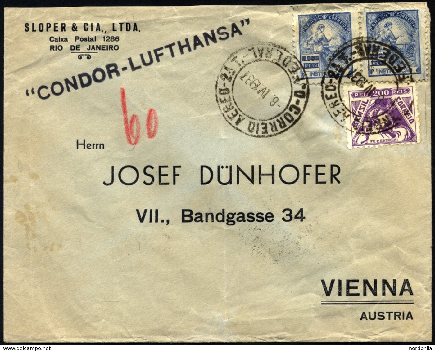 BRASILIEN 8.4.1937, CONDOR-LUFTHANSA Nach Wien Geflogen, Bedarfsbrief, Feinst, Haberer 530a - Airmail