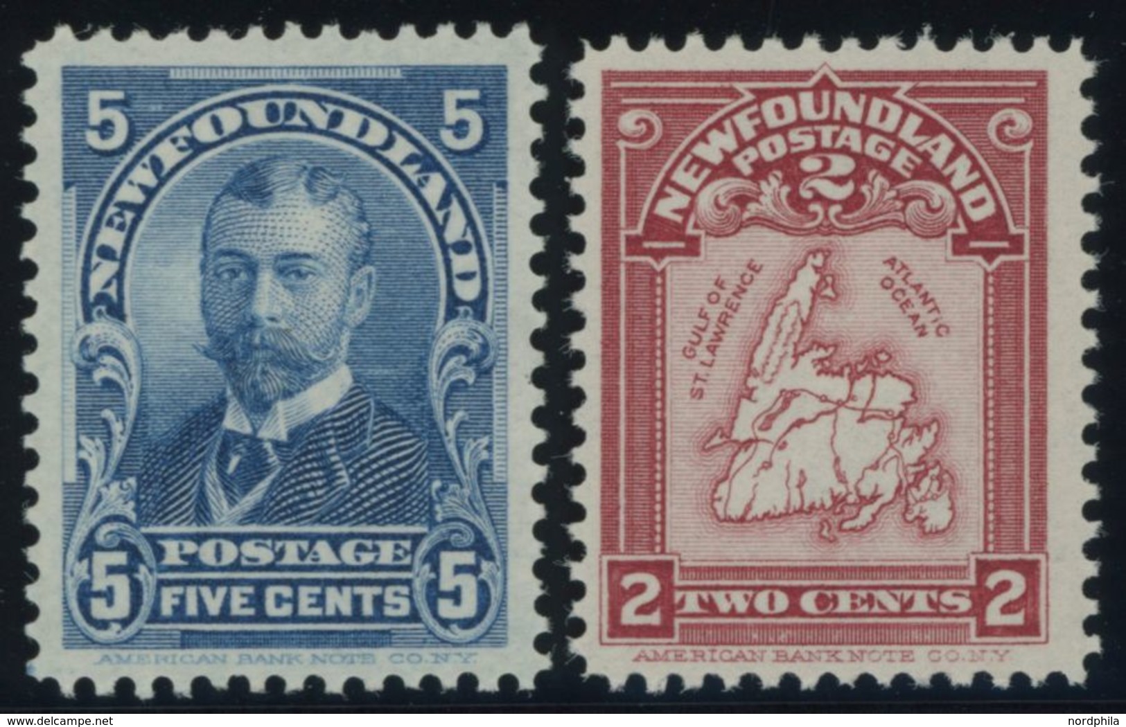KANADA - NEUFUNDLAND 66/7 *, 1899/1908, 5 C. König Georg V Und 2 C. Landkarte, Falzrest, 2 Prachtwerte, Mi. 95.- - 1857-1861