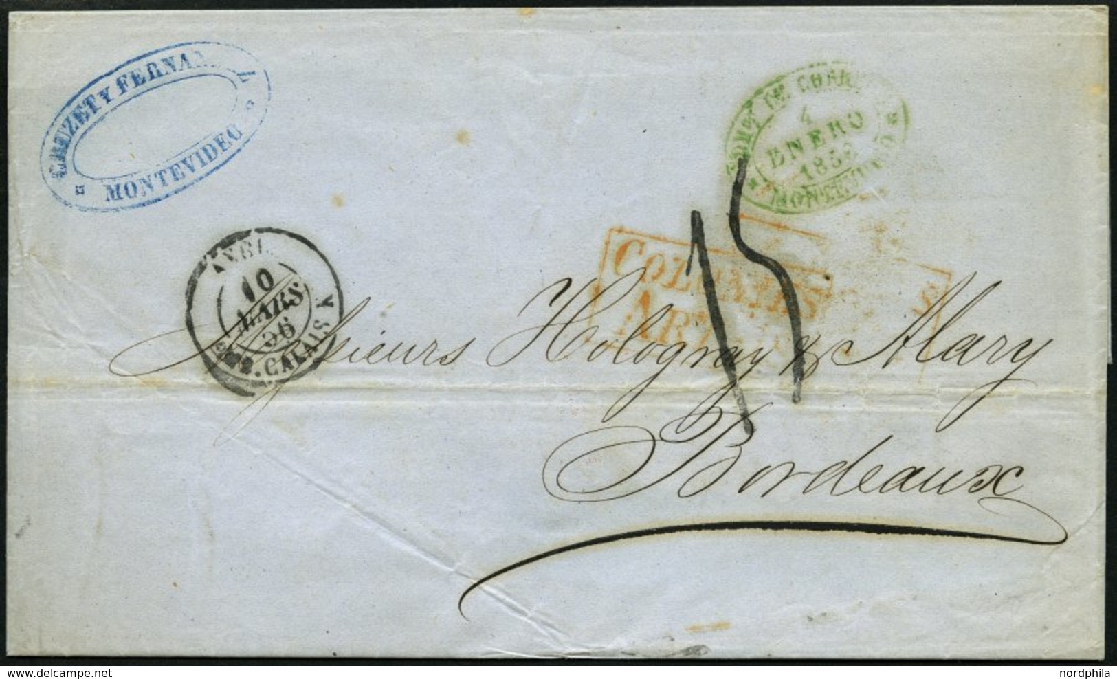 URUGUAY 1856, MONTEVIDEO, Grüner Ovalstempel Und Diverse Nebenstempel Auf Brief Nach Bordeaux, Feinst - Uruguay