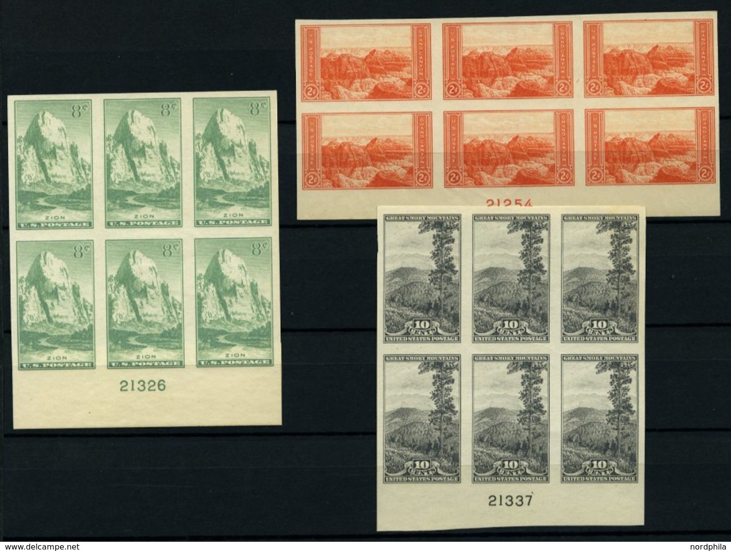 USA 364-73BS (*), Scott 740-49, 1935, Nationalparkjahr, Ungezähnt, In Sechserblocks Mit Plattennummer, Wie Verausgabt Oh - Used Stamps