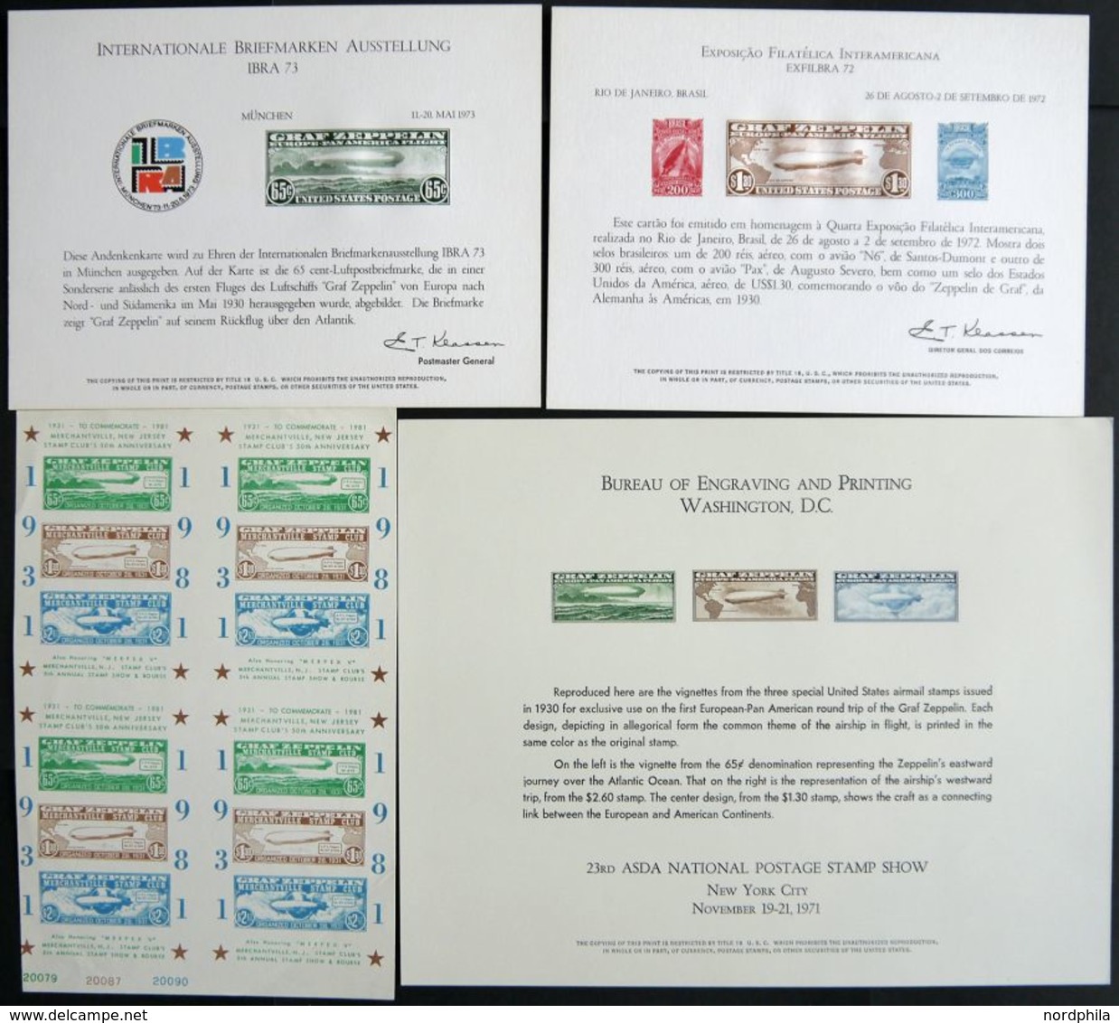 1971-73, 3 Zeppelin-Gedenkbögen Für New York, Rio De Janeiro Und München Sowie Ausstellungsbogen Vom New Jersey Stamp Cl - Used Stamps