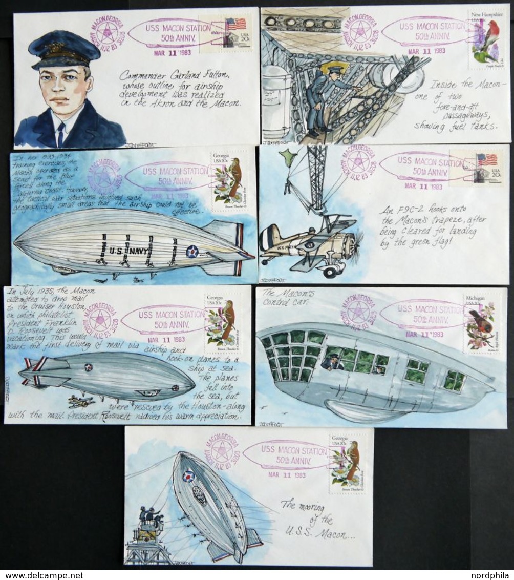 1983, Luftschiff Macon, 7 Verschiedene Handbemalte Aquarellkuverts Aus Macon Mit Sonderstempeln, Alle Vom Künstler Signi - Autres & Non Classés