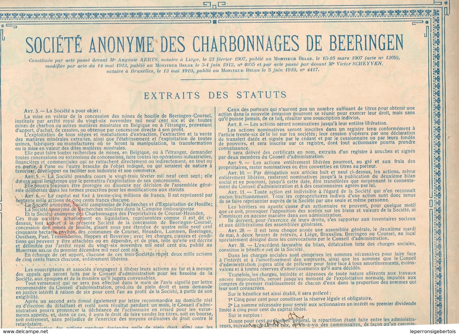 Action Ancienne - Sté Des Charbonnages De Beeringen - Titre De 1919 - Déco - N°56510 - Mines