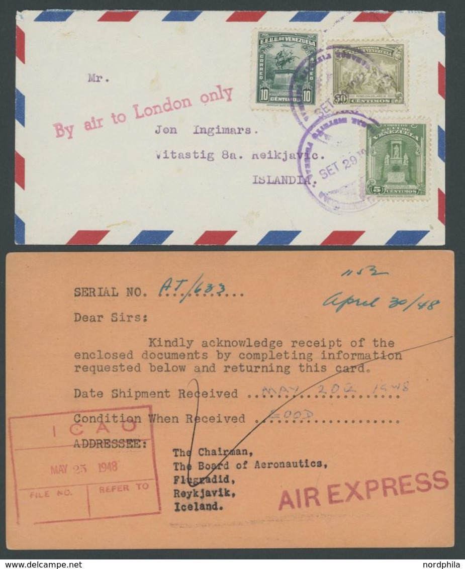 1947/8, Luftpostbrief Aus Venezuela Mit Violettem L1 By Air To London Only Und Air Express Karte Von Island Nach Montrea - Autres & Non Classés