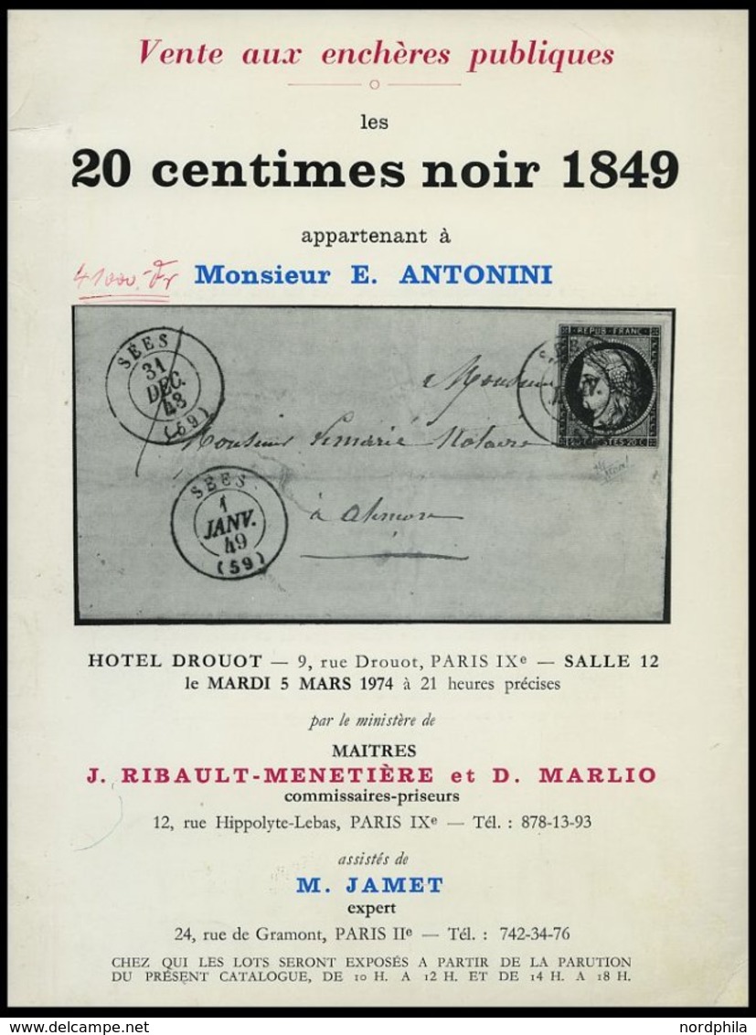 PHIL. LITERATUR Katalog 20 Centimes Noir 1849 - Appartenant à Monsieur E. Antonini, 1974, M. Jamet, 35 Seiten, Diverse A - Philately And Postal History