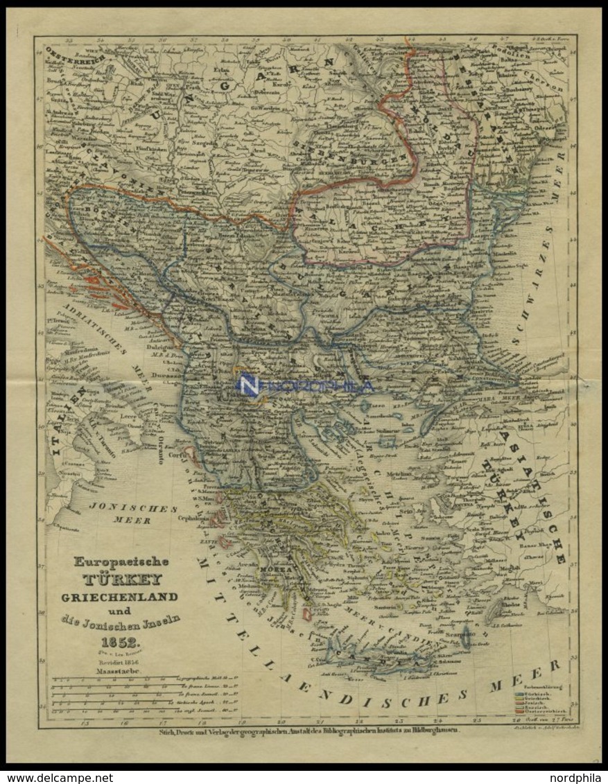 Generalkarte, Europäische Türkey, Griechenland Und Die Ionischen Inseln, Grenzkolorierter Stahlstich Von Renner, 1852 - Sonstige & Ohne Zuordnung