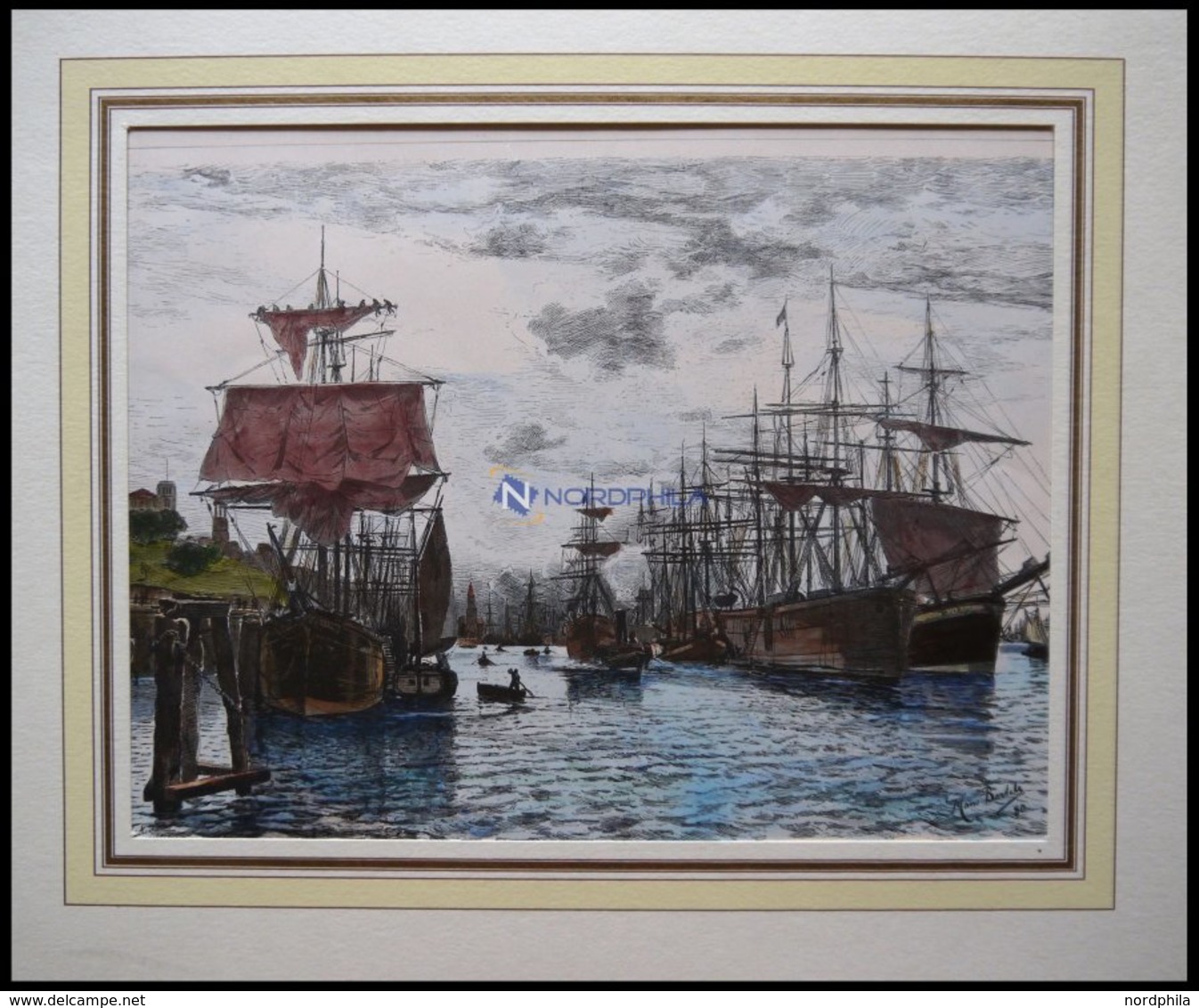 HAMBURG: Der Hafen, Kolorierter Holzstich Von Bartels Von 1881 - Lithographien