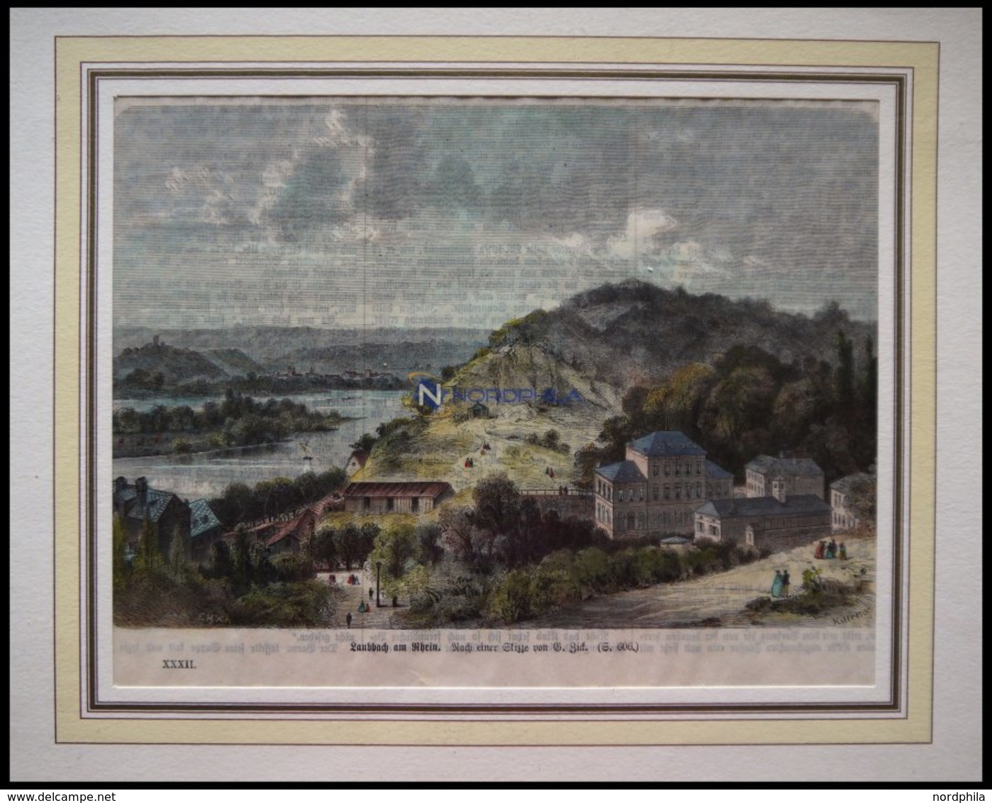 LANDBACH A.RHEIN, Gesamtansicht, Kolorierter Holzstich Nach Zick Um 1880 - Lithographies