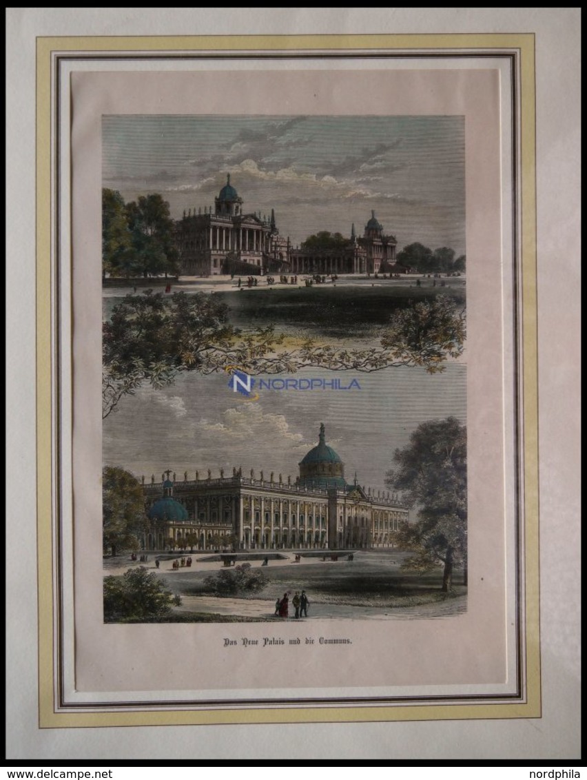 POTSDAM: Das Neue Palais Und Die Communs. Auf Einem Blatt, Kolorierter Holzstich Um 1880 - Lithographien