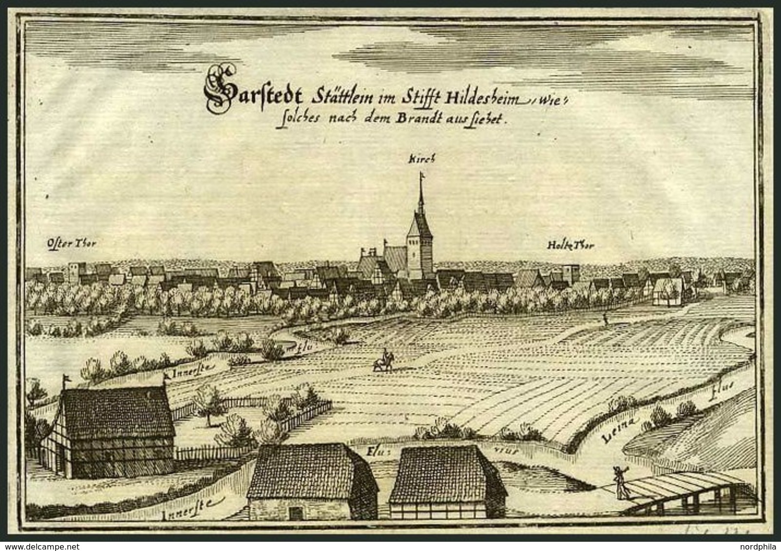 SARSTEDT, Gesamtansicht Nach Dem Brand, Kupferstich Von Merian Um 1645 - Lithographien