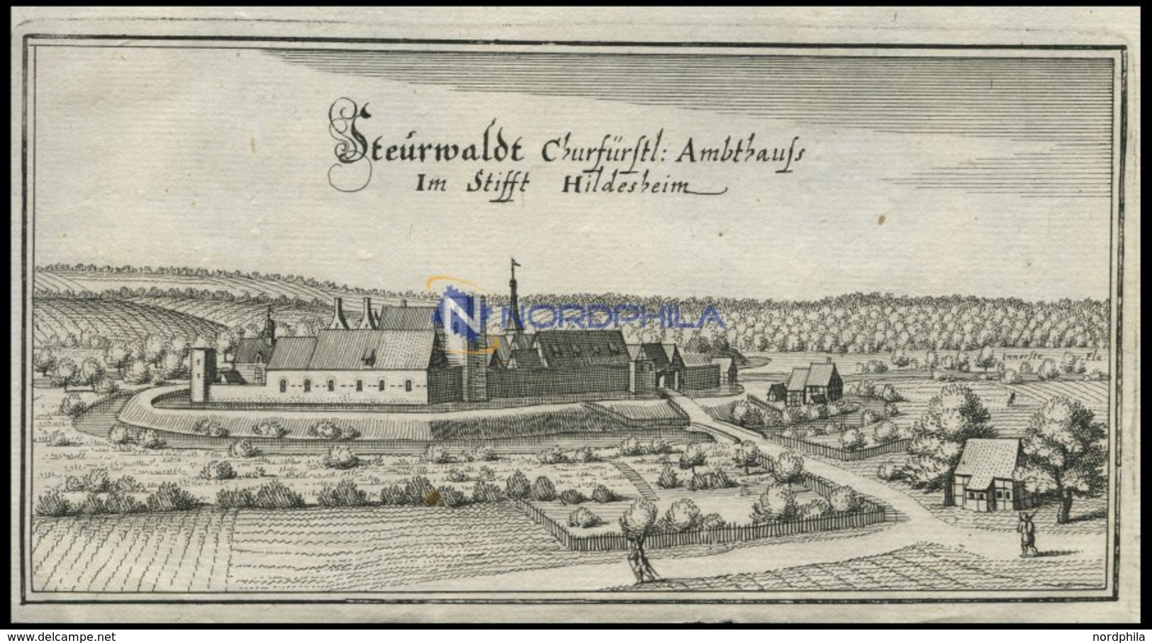 STEUERWALD B. Hildesheim, Gesamtansicht, Kupferstich Von Merian Um 1645 - Lithographien