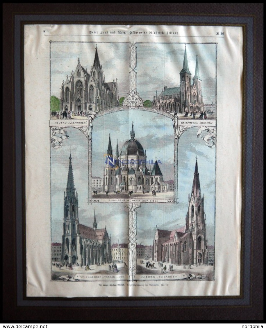 WIEN: Die Neuen Kirchen, 5 Ansichten A.einem Blatt, Kolorierter Holzstich Von Petrovits Um 1880 - Lithographies