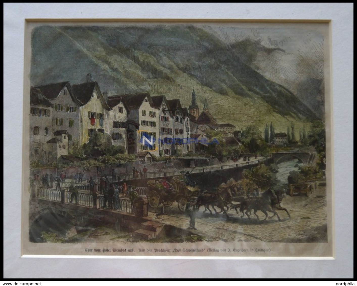 CHUR: Teilansicht Vom Hotel Steinbock Aus, Kolorierter Holzstich Um 1880 - Lithographien